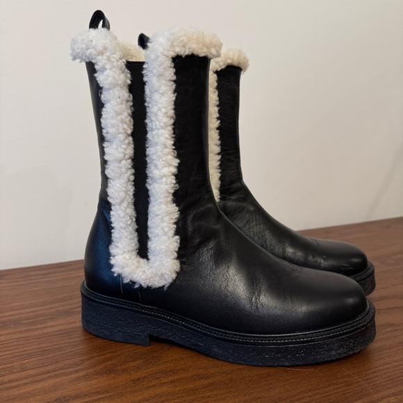 STAUD Shoes - STAUD Palamino Black Leather Chelsea Boots with Shearling Trim